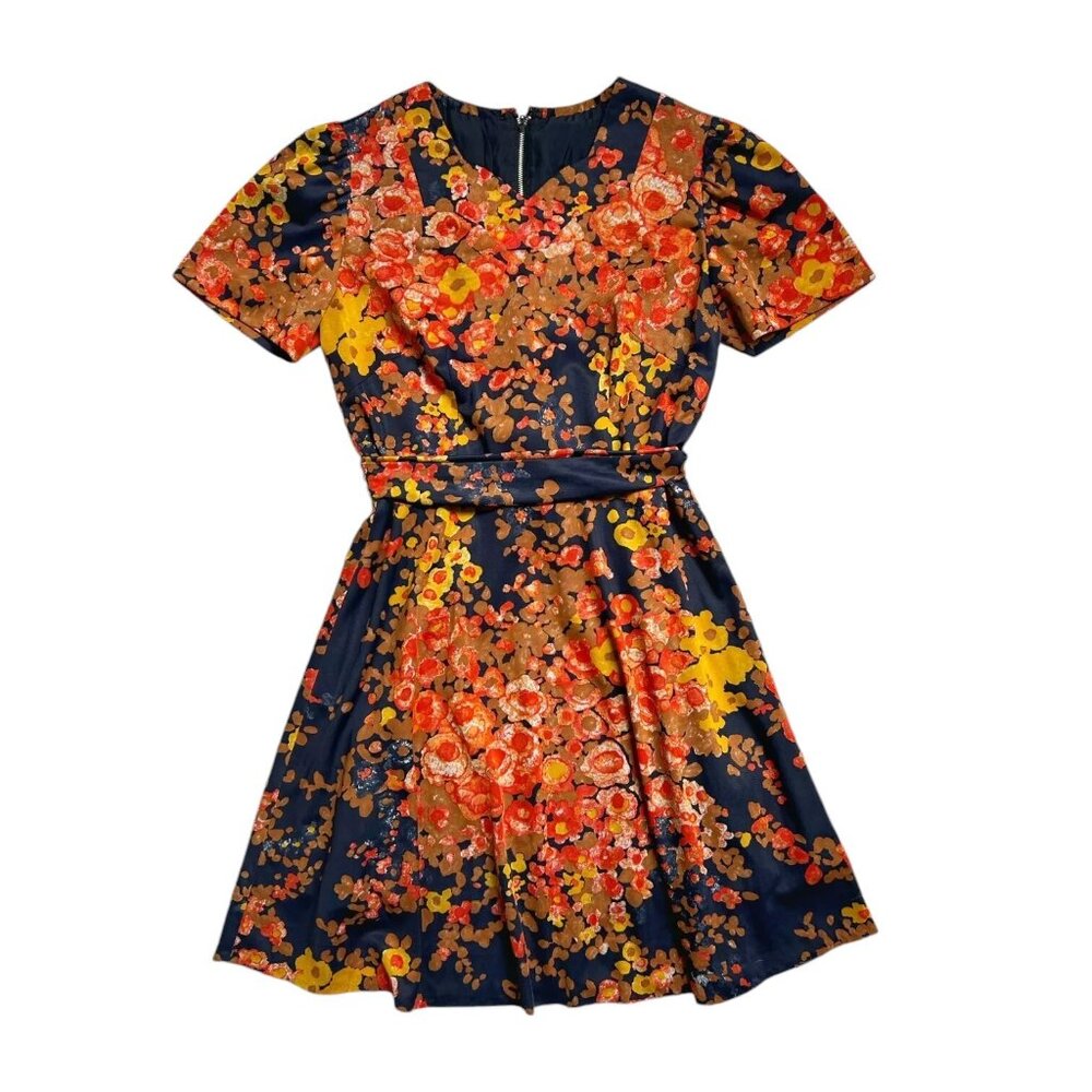 60s vintage floral mini dress abstract watercolour print flutter short sleeves.